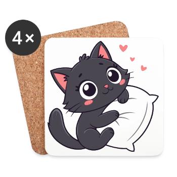 Cuddly Black Kitten on Pillow - Coasters (set of 4) - white - Front