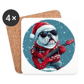 Bulldog Dog Christmas Guitar - Coasters (set of 4) - white - Front