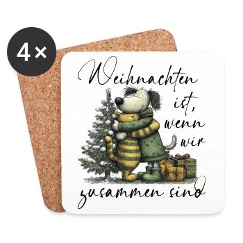Chien Chat Hiver Câlin Noël - Dessous de verre (lot de 4) - blanc - Devant