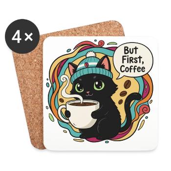 Kaffeezeit Katze mit Mütze - Untersetzer (4er-Set) - Weiß - Vorne