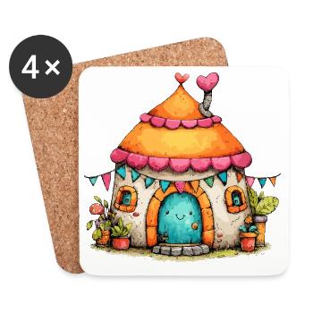 Maison des champignons avec guirlandes - Dessous de verre (lot de 4) - blanc - Devant