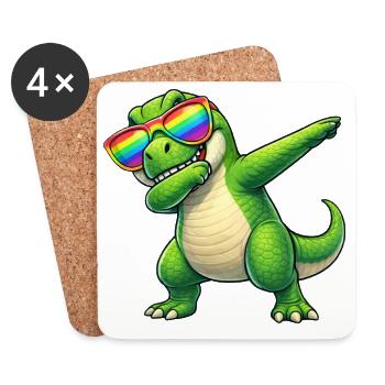 Cute T-Rex Dinosaur Cartoon Dab Rainbow Son - Coasters (set of 4) - white - Front