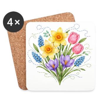Fleurs de printemps dans un style broderie - Dessous de verre (lot de 4) - blanc - Devant