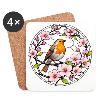 Rouge-gorge avec des vitraux en fleurs de cerisier - Dessous de verre (lot de 4) - blanc - Devant
