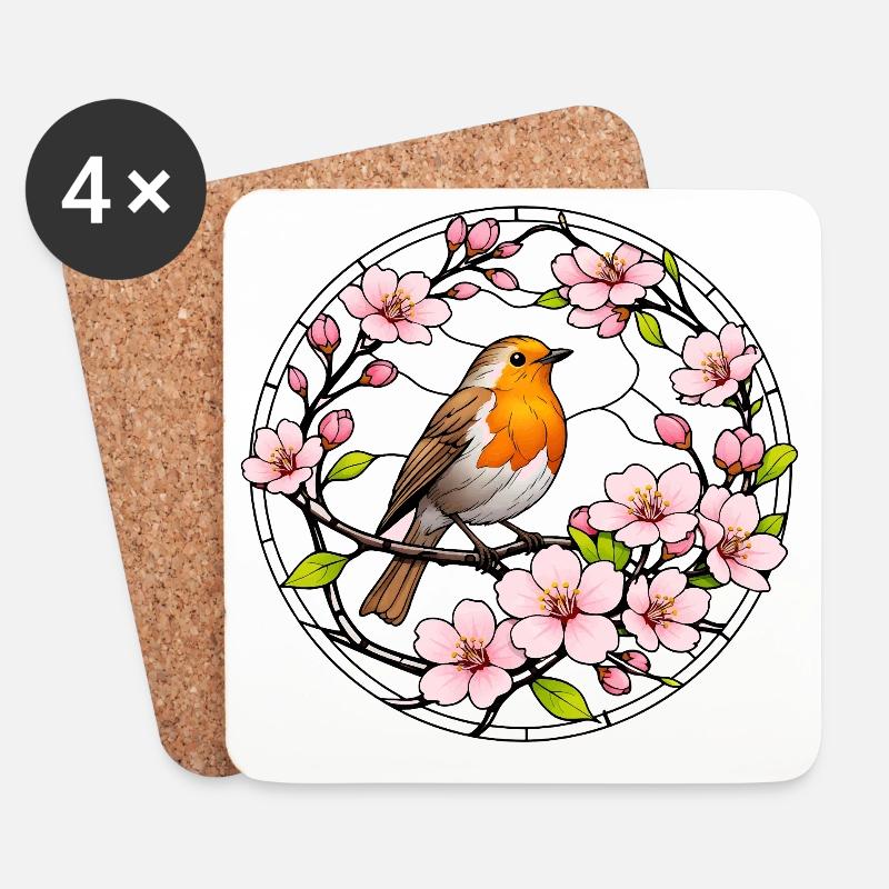 Rotkehlchen mit Kirschblüten Glasfensterstil  - Untersetzer (4er-Set) - Weiß