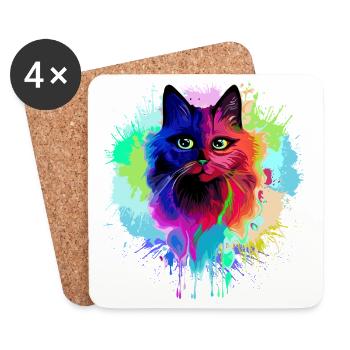 Cat Psychedelic Trippy Paint Splats - Coasters (set of 4) - white - Front