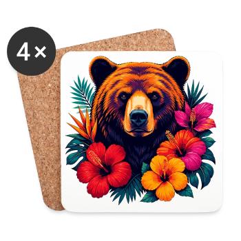 Tête d’ours tropicale avec des fleurs d’hibiscus - Dessous de verre (lot de 4) - blanc - Devant