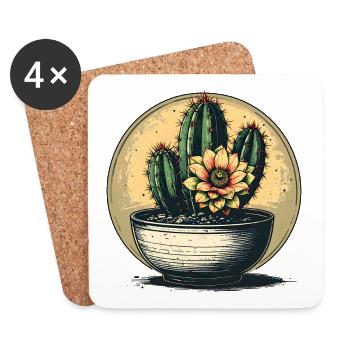 Cactus Flower in Pot – Vintage Circle - Coasters (set of 4) - white - Front