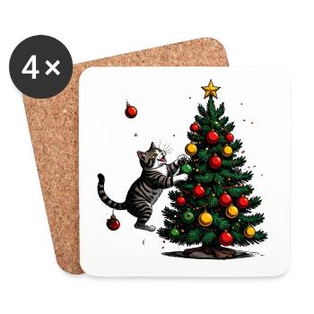 Katzenfreund am Weihnachtsbaum - Untersetzer (4er-Set) - Weiß - Vorne