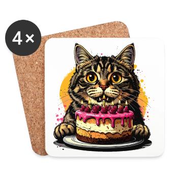 Fête du gâteau d’anniversaire du chat - Dessous de verre (lot de 4) - blanc - Devant