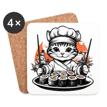 Cat en chef maître sushi - Dessous de verre (lot de 4) - blanc - Devant
