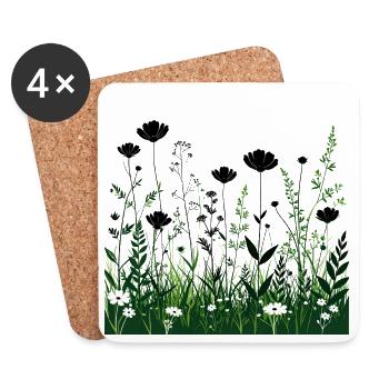 Schwarzgrüne Wildblumen Silhouetten - Untersetzer (4er-Set) - Weiß - Vorne