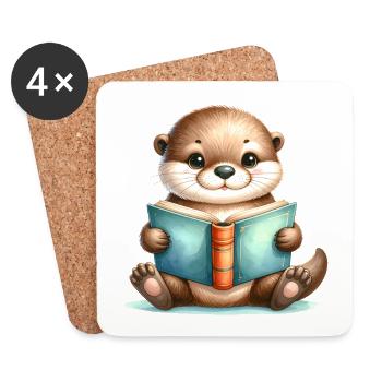 Kleiner Otter liest ein Buch – Süßes Comic-Motiv - Untersetzer (4er-Set) - Weiß - Vorne