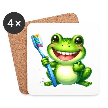 Grenouille verte avec brosse à dents – Personnage de bande dessinée Kawaii - Dessous de verre (lot de 4) - blanc - Devant
