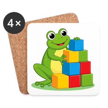 Green cartoon frog playing with colorful building blocks - Coasters (set of 4) - white - Front