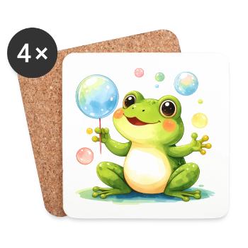 Green Kawaii Frog with Soap Bubbles – Cute - Coasters (set of 4) - white - Front