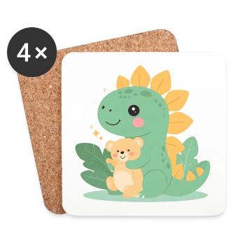 Petit dinosaure de dessin animé avec un ours en peluche – Mignon - Dessous de verre (lot de 4) - blanc - Devant