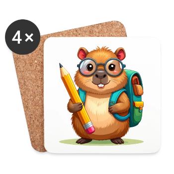 Comic Beaver with Glasses & Satchel – School - Coasters (set of 4) - white - Front