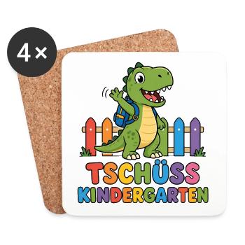 Tschüss Kindergarten – T-Rex mit Rucksack  - Untersetzer (4er-Set) - Weiß - Vorne