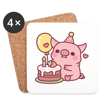 Süßes Schwein mit Geburtstagskuchen und Ballon - Untersetzer (4er-Set) - Weiß - Vorne