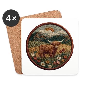 Hochlandkuh Patch in Berglandschaft - Untersetzer (4er-Set) - Weiß - Vorne