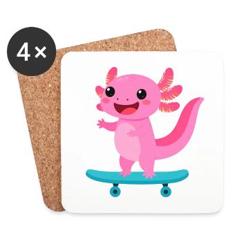 Kawaii Axolotln on Skateboard – Cute Animal - Coasters (set of 4) - white - Front