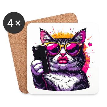 Chat cool avec lunettes de soleil – Conception de chat selfie - Dessous de verre (lot de 4) - blanc - Devant