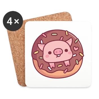 Cochon mignon dans un beignet au chocolat avec des vermicelles - Dessous de verre (lot de 4) - blanc - Devant