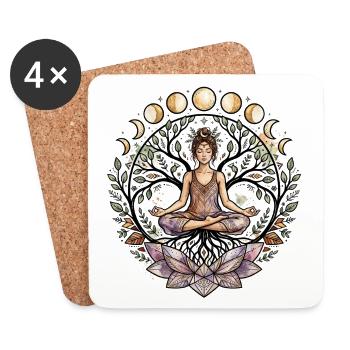 Yoga Frau Lebensbaum Lotus Mondphasen - Atma Boho - Untersetzer (4er-Set) - Weiß - Vorne