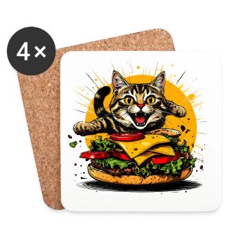 Chat au gros burger – Art drôle de restauration rapide - Dessous de verre (lot de 4) - blanc - Devant