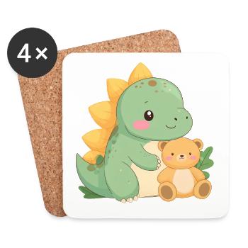 Petit Dino Vert avec Nounours – De mignons amis - Dessous de verre (lot de 4) - blanc - Devant