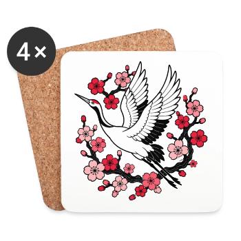Kranich Kirschblüten Japan Natur Vektor Shirt - Untersetzer (4er-Set) - Weiß - Vorne
