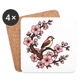 Kirschblüte Vogel Sakura Japan Natur Vektor Shirt - Untersetzer (4er-Set) - Weiß - Vorne
