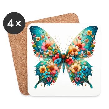Papillon décoré de fleurs - Dessous de verre (lot de 4) - blanc - Devant