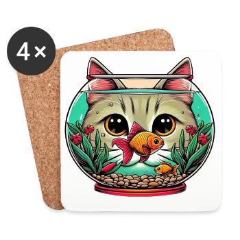 Chat d’aquarium avec poisson rouge - Dessous de verre (lot de 4) - blanc - Devant