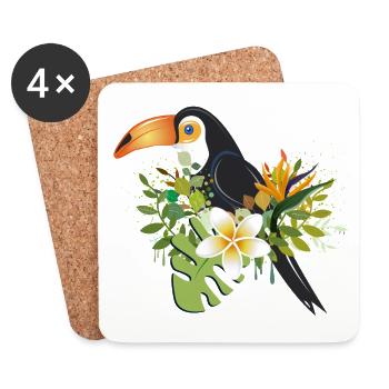 Toucan avec des fleurs tropicales - Design d’oiseau exotique - Dessous de verre (lot de 4) - blanc - Devant
