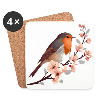 Rotkehlchen auf Kirschblüte - Untersetzer (4er-Set) - Weiß - Vorne