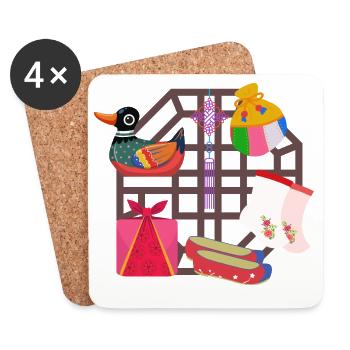 Korean Tradition – Mandarin Duck & Symbols - Coasters (set of 4) - white - Front