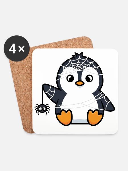 Lustiger Halloween Pinguin mit Spinnenweb Kostüm - Untersetzer (4er-Set) - Weiß