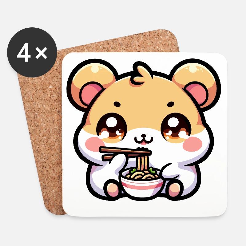 Kawaii Hamster isst Ramen - Untersetzer (4er-Set) - Weiß