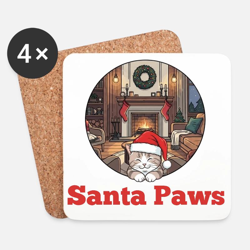 Weihnachtskatze – Santa Paws - Untersetzer (4er-Set) - Weiß