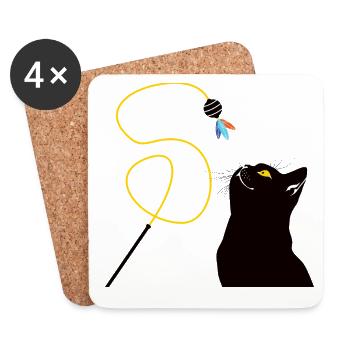 Chat avec canne à pêche jouet - Dessous de verre (lot de 4) - blanc - Devant