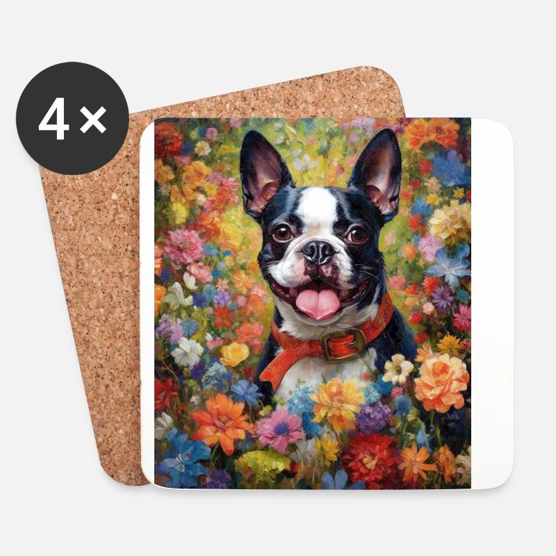 Boston Terrier unter Blumen als Malerei Kunst - Untersetzer (4er-Set) - Weiß