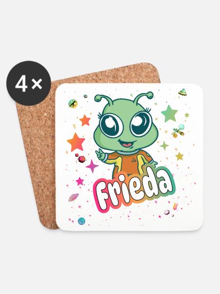 FRIEDA - Schöner Mädchen Name mit süßem Alien - Untersetzer (4er-Set) - Weiß