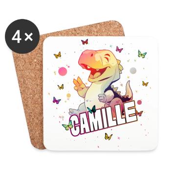 CAMILLE - Beau prénom FILLE avec un mignon DINO - Dessous de verre (lot de 4) - blanc - Devant