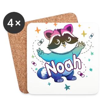 NOAH - Beau nom de garçon avec un raton laveur mignon - Dessous de verre (lot de 4) - blanc - Devant