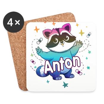 ANTON - Schöner Jungen Name mit süßem Waschbär - Untersetzer (4er-Set) - Weiß - Vorne