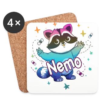 NEMO - Beau nom de garçon avec un raton laveur mignon - Dessous de verre (lot de 4) - blanc - Devant