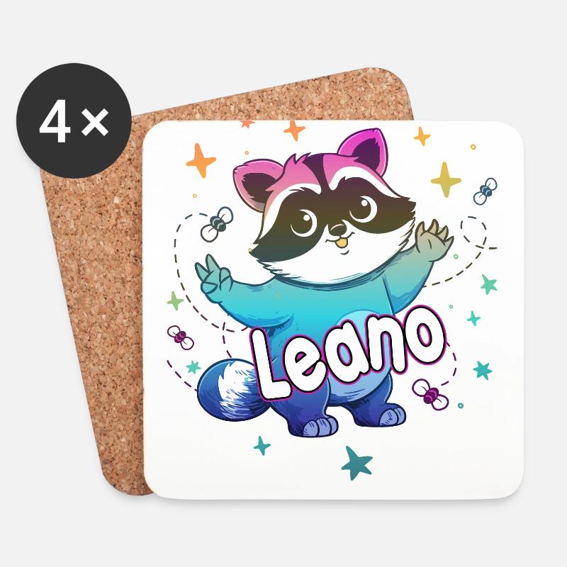 LEANO - Schöner Jungen Name mit süßem Waschbär - Untersetzer (4er-Set) - Weiß