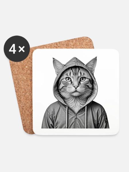 Cool cat wearing a hoodie - Coasters (set of 4) - white